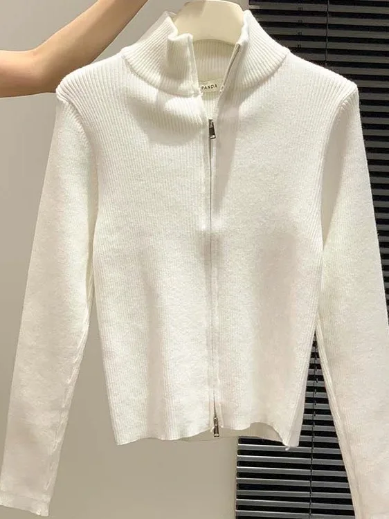 Ele-suéter ajustado de punto para mujer, cárdigan con cremallera y cuello alto, Top de capa Base Faionable para otoño e invierno