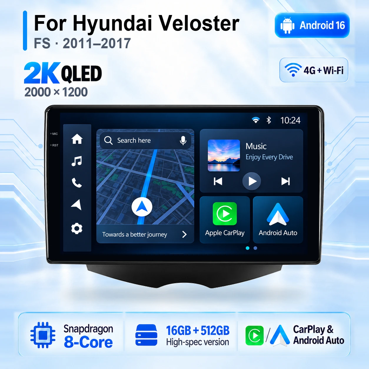 Android 16 Carplay Auto 2K Screen Car Radio Multimedia Player For Hyundai Veloster FS 2011-2017 2din Autoradio Stereo Head Unit