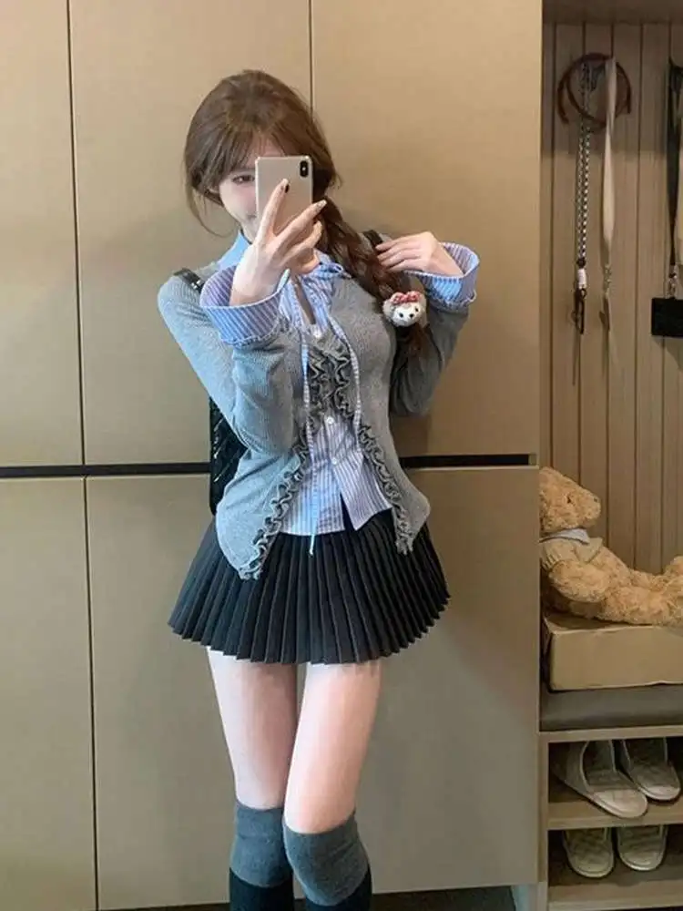 

Корейский Sle College Faion, осеннее новое поступление, комплект из двух предметов с длинной юбкой све, женский комплект Faion, комплект с длинной юбкой