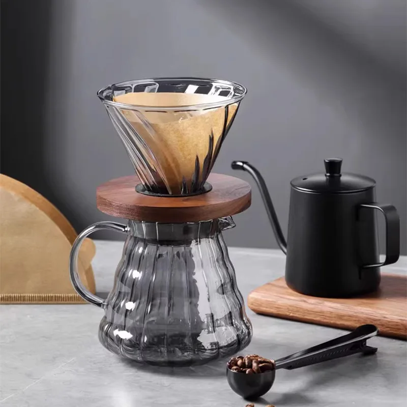 SHXING 300/500/700ML Striped Coffee Sharing Pot Can Be Paired with A V-shaped Coffee Pot Set, Glass Coffee Tools for Outdoor Use