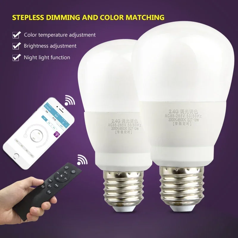 Lámpara tonificadora de atenuación continua de dos colores con Control remoto por aplicación, bombilla LED inteligente con sincronización de encendido y apagado E27 AC86-265V RF 2,4G, bombillas de iluminación