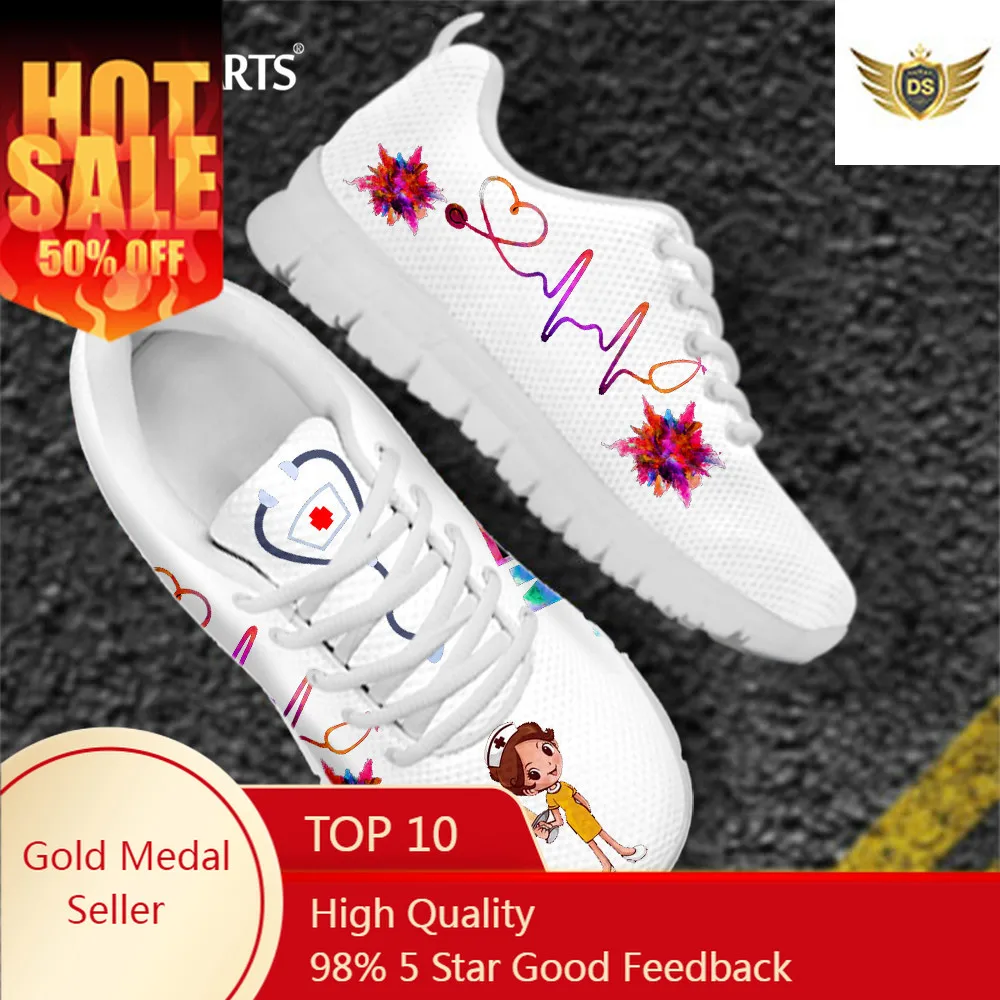 

New Cartoon Nurse Shoes For Women Medical Heart Beat Brand Design Breathable Sneakers Flats Shoes Zapatos Mujer