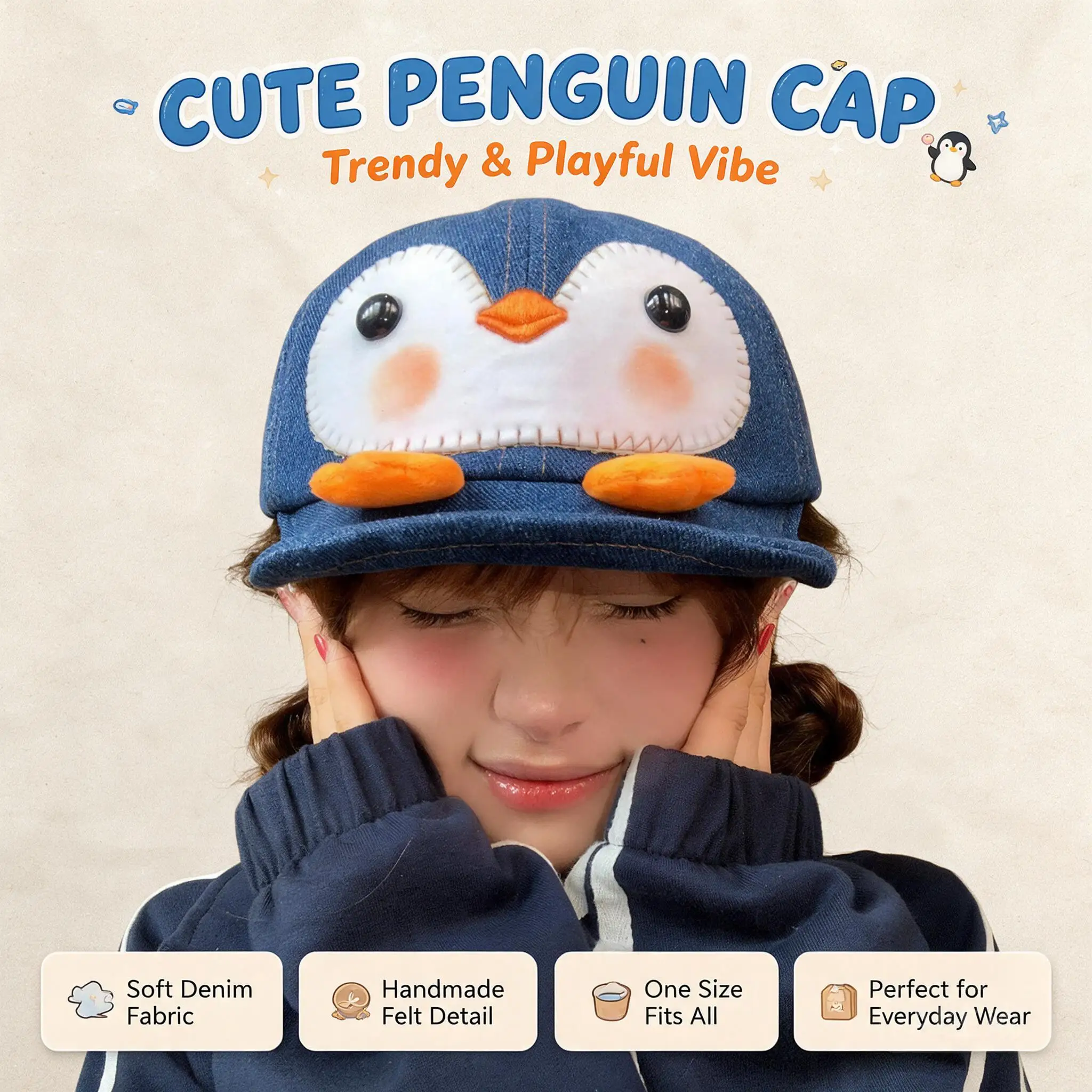 Cute 3d Blush Little Penguin Embroidery Denim Baseball Cap For Women Sweet Cartoon Soft Brim Hat Slim Face Travel Outdoor Headwe