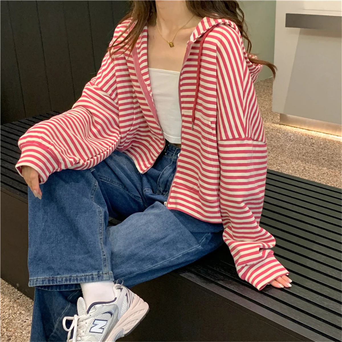 

Trendy Striped Lazy Sle Long Sve Sweatirt Coat Autumn New Loose Mid-Length Open Cardigan Top Women's Faion Streetwear