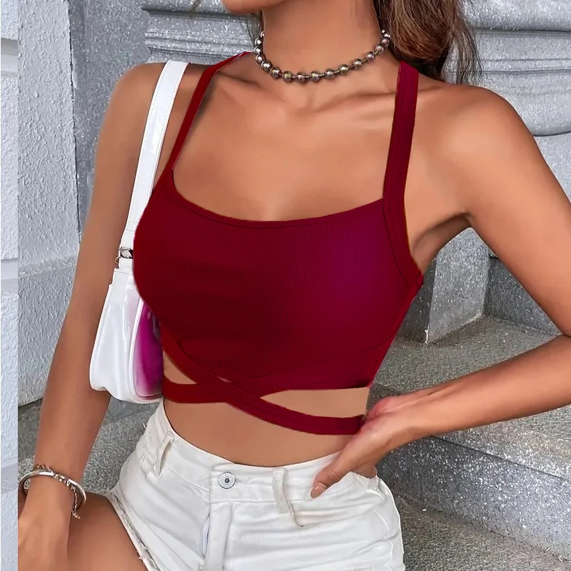 Women Sports Cross Bandage Vest Sexy Crop Tops Y2K Summer 2024 New Backless Vest Halter 2000s Girl Fashion Sleeveless Tank Top