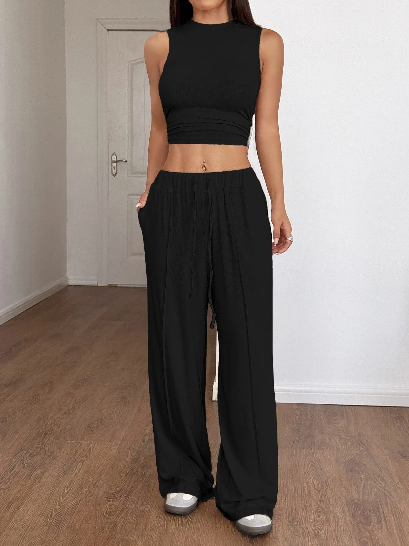 2 Piece Set Summer Y2k Tank High Waist Sleeveless Top Wide Leg Pants Solid Color Vest Top Drawstring Waist Relaxed Fit Matching