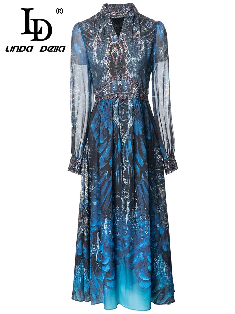 LD LINDA DELLA 2024 Summer Italian Elegant Dress Women's Transparent Peacock Print long sleeve luxury Nail Bead party Dresses