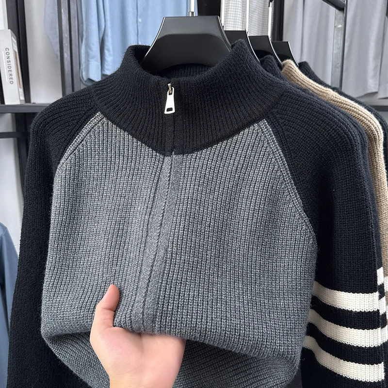 Hochwertige Herren-Strickjacke, Modemarke, gestreift, mit Reißverschluss, Stehkragen, Herbst/Winter, neuer, personalisierter, lässiger Pullover-Mantel – Detail 16