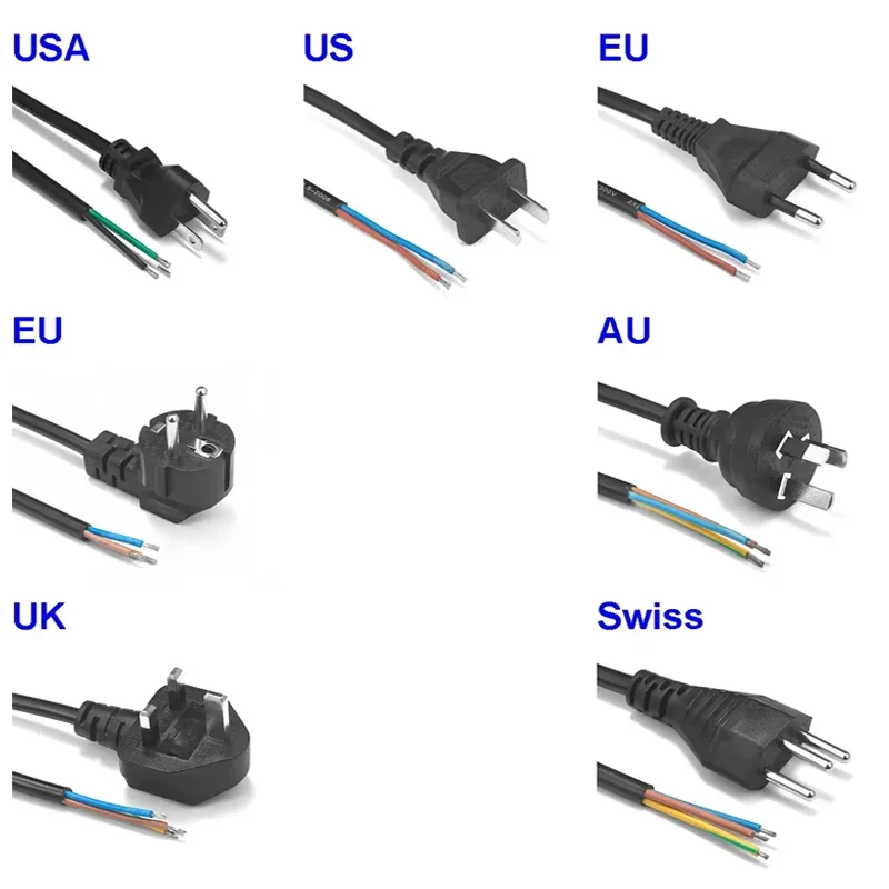 Cable con cable de extensión de fuente de alimentación Pigtail de 1,5 m para ventilador, enchufes eléctricos de vacío, lámpara de reflector LED, UE, EE. UU., Reino Unido, AU