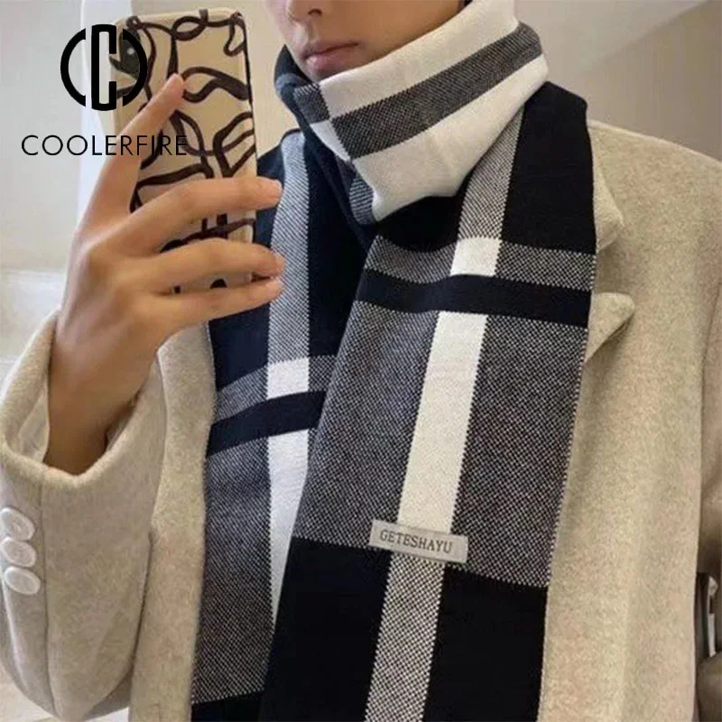 Checkered Scarf Winter Men Keep Warm Scarf Casual Fashion Brand Designers Knit Neckerchief Patchwork Wool Cashmere Scarf Shawl