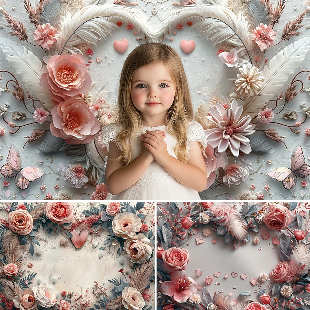 Valentine's Day Photography Backdrop Soft Pink Feather Rose Elegant Heart Wreath White Patterned Spring Background Photo Studio