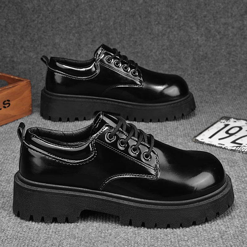 Men Glossy Leather Lace‑up Platform Shoes Non‑Slip Chunky Sole Casual Dress Footwear for Work Daily Wear