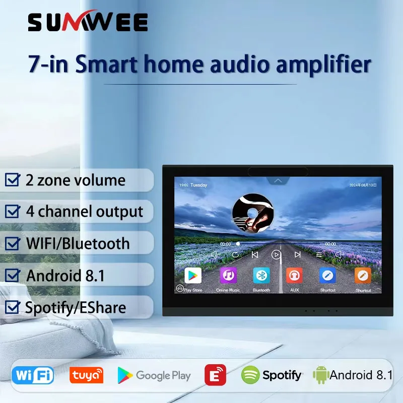 7 inch audio in wall amplifier android WIFI TUYA smart home controls panel theater stereo buletooths sound music player system