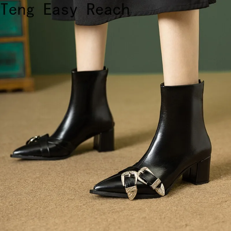 

2026 New Women's Square Heel Ankle Boots with Pointed Design and Metal Decorative Buckle Sizes 33-47