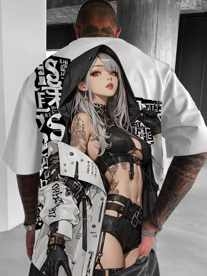 Summer anime cherry blossom Japanese anime character pattern casual short sleeved T-shirt blood daily fashion street men's top