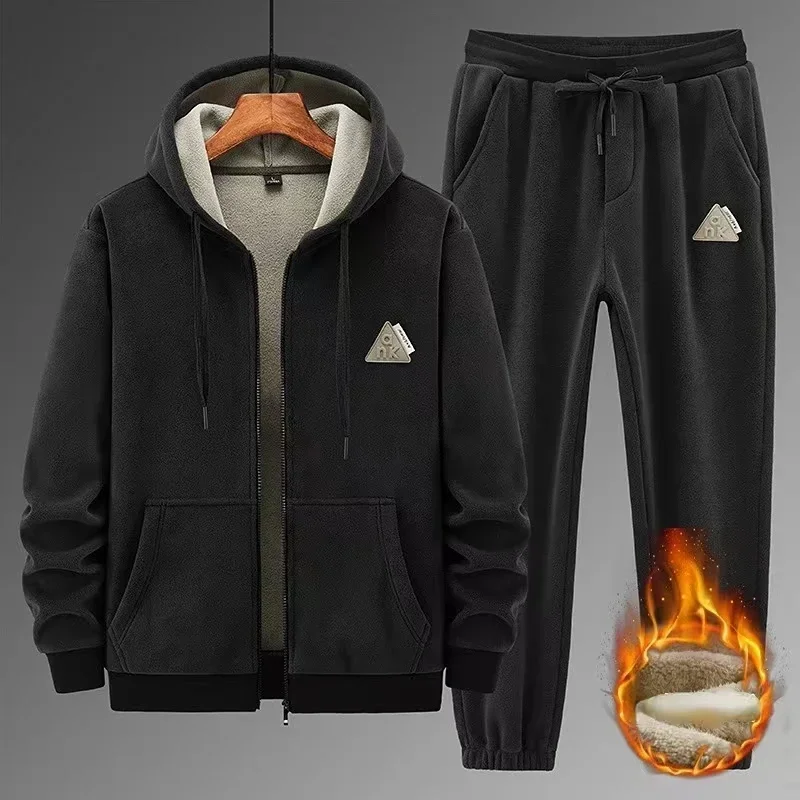 New Autumn Winter Plush Warm Suits Men Leisure Tracksuit Long-Sleeved Thick Long Sleeve Hoodie Jacket Casual Pants Two-piece Set
