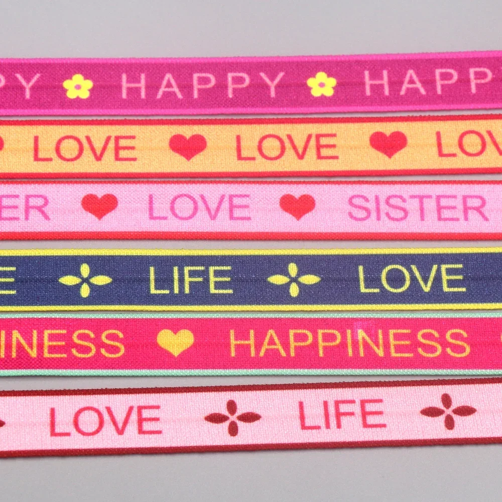 DHK 5/8\'\' 5yards Love Sister Life Happy Printed Fold Elastic FOE Stretch Ribbon Decorations Craft DIY Sewing C2594