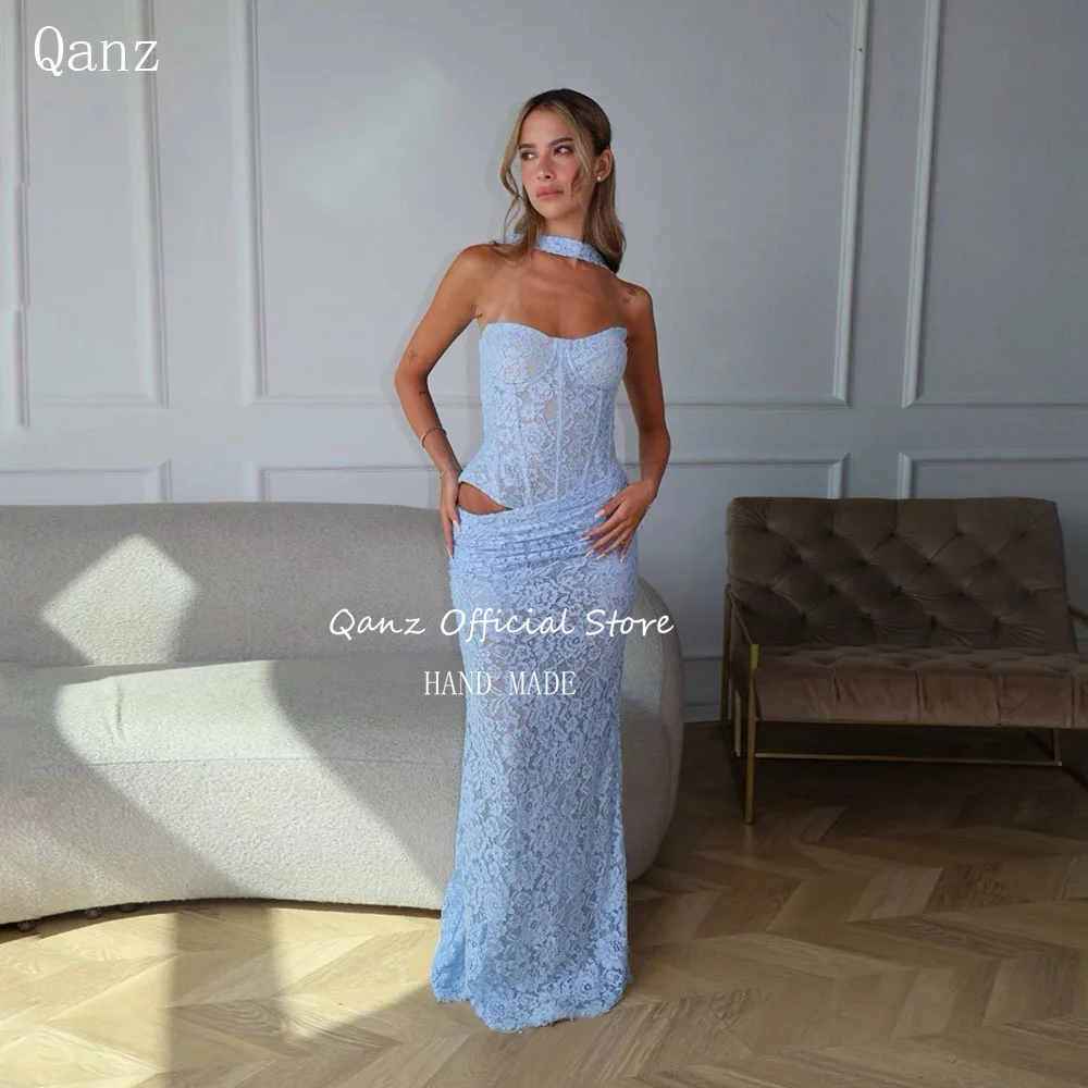 Qanz Sky Blue Lace Appliques Evening Dress Sweetheart Wedding Guest Dresses Floor Lenth Elegant Women Prom Gowns Customized