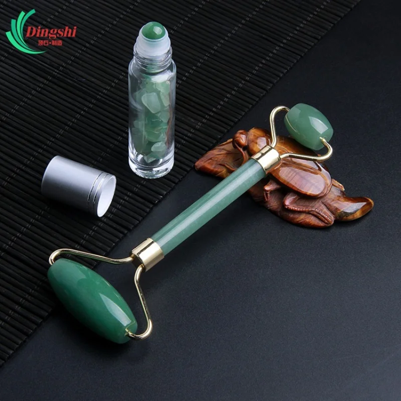 Venta directa de fábrica, rodillo masajeador de jade aventurina natural, botella de vidrio roll-on, set de varillas de masaje facial de jade.