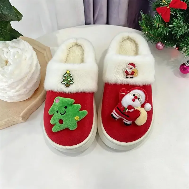 2026 Damen Süße Weihnachtsmann-Plüsch-Weihnachtspantoffeln, Winterwarme Pelz-Innenpantoffeln, Damen-Plateau-Hausschuhe, Geschenk für Mädchen – Detail 5