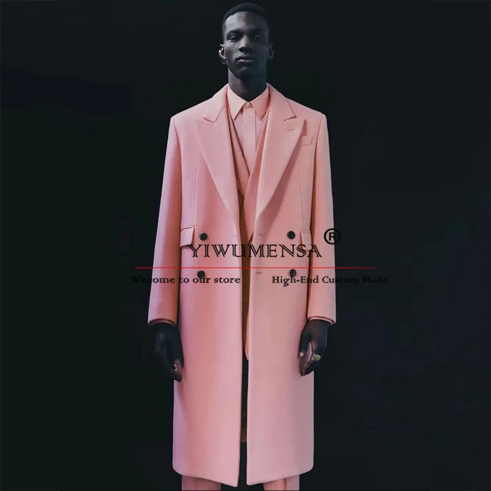 

Male Fashion Pink Suit Jackets Tweed Wool Blend Trench Coat Long Double Breasted Overcoat Groom Tuxedos Outwear Prom Blazer 1Pcs