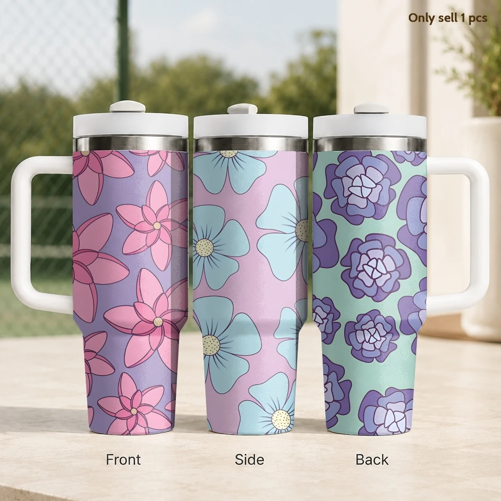 

Beautiful Flowers Vacuum Flasks 40oz Stainless Steel Insulated Tumbler with Handle Straw Leakproof Cup Daily Travel Mug