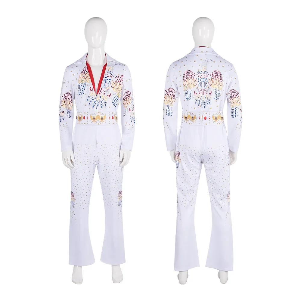 Film Rocker Elvis Cosplay Kostuum Volwassen Mannen Vrouwen Jumpsuit Halloween Witte Bodysuit Outfit Uniform Party