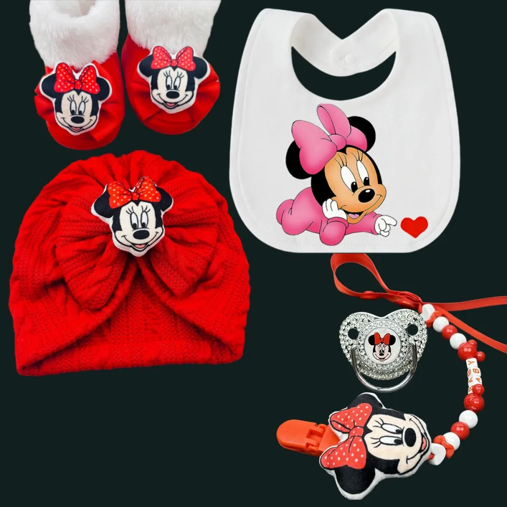 

Роскошная детская пустышка и успокаивающая цепочка-держатель, хлопковые пинетки для новорожденных, милая шапочка, нагрудник с Минни Маус, детская пустышка, подарок для купания малыша