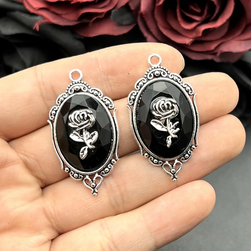 5pcs 42*23mm Gothic Red and Black Crystal Rose with Frame Embossed Accessories DIY Crafts Making Charm Pendant Jewelry Making
