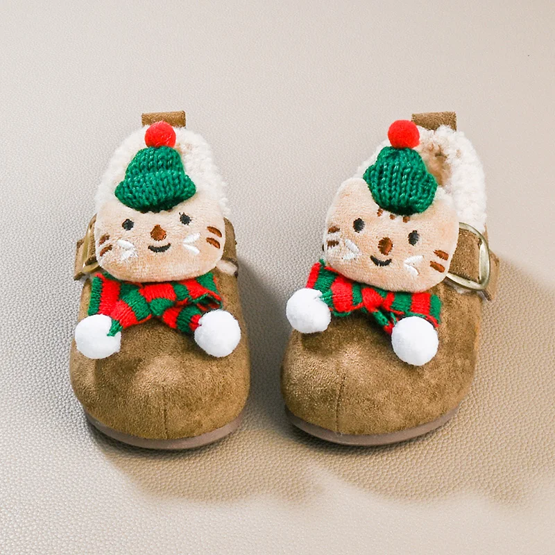 

Winter Girls Cotton Shoes Cute Cat Christmas Party Children Princess Shoes Warm Furry Kids Fashion Causal Plush Flat Shoes New