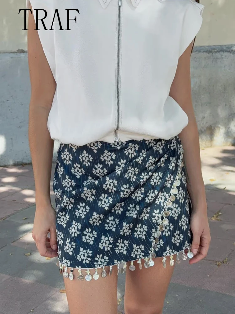 

TRAF женская одежда в европейском и американском стиле, новая модная тенденция, универсальная тонкая юбка с высокой талией и принтом из бисера, брюки