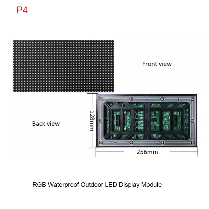 Panneau LED étanche IP65 extérieur, technologie d'écran LED RVB, publicité, 64 points * 32 points, P4, 256x128mm, balayage 1/8, SMD1921