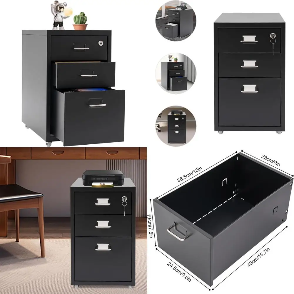 

Мобильный металлический шкаф для документов с замком, 3-х ярусный, для офиса, 11 x 16 x 18.3, черный