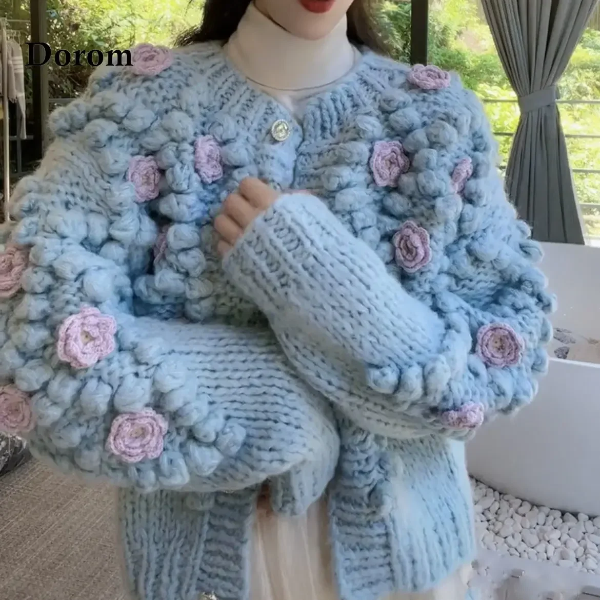 Vintage Flower Crochet Knitted Cardigan Women Autumn Japanese Lantern Sleeve Loose Sweater Coat Thick Warm Casual Knitwear Top