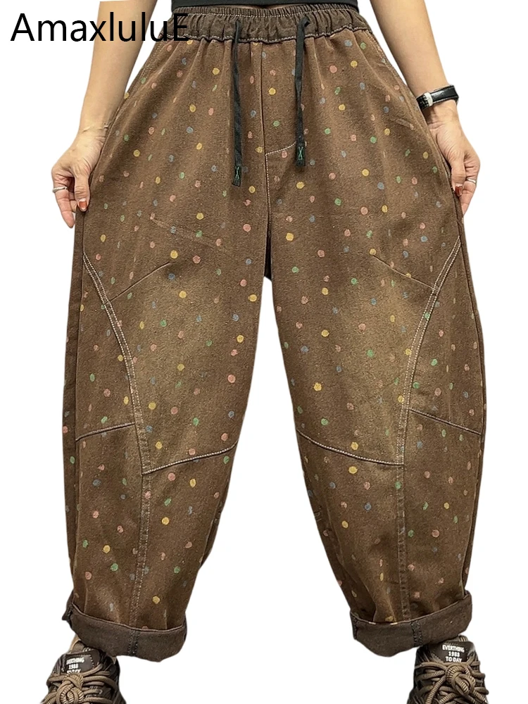 

Amax LuluE осенние модные джинсы женские свободные джинсовые брюки в горошек женские повседневные винтажные классические шаровары с эластичной резинкой на талии