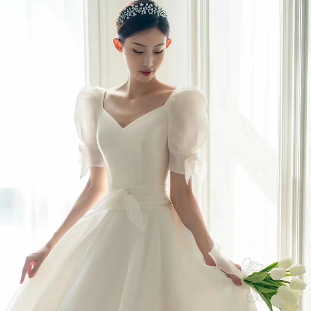 Wedding Dress V-neck Organza Wedding Dresses for Women A-LINE Bridal Dress with Short Sleeves