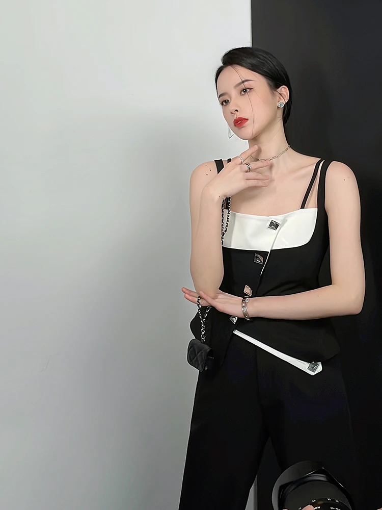 

Модный летний топ-жилет с контрастными цветами и пуговицами, прямой крой, для женщин, верхняя одежда, стильный дизайн