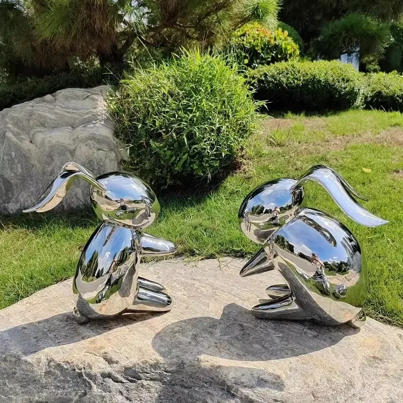 Garden Landscape Stainless Steel Mirror Rabbit Combination Decoration Garden Abstract Outdoor Floor Decoration Treasure