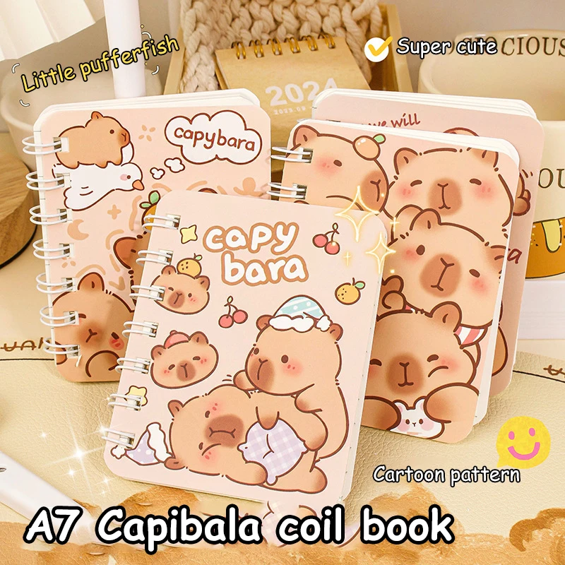 Kawaii Capybara Bobina Notebook, Adorável Notepad Portátil, Material escolar e de escritório, Diário do Estudante, Presentes de Aniversário do Amigo, 4Pcs
