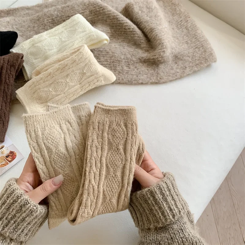 Meias femininas de lã de caxemira alta, grossa e quente, monocromática, Thermal Sox, Harajuku, moda japonesa, longa, inverno