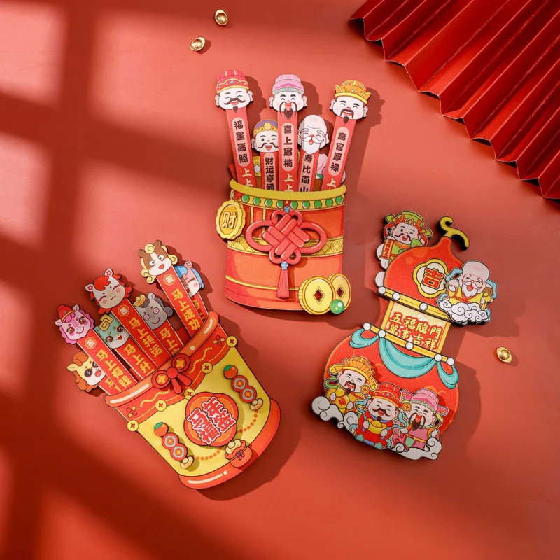 

3pcs 2026 New Horse Year Refrigerator Magnet with Five Blessings Theme Wooden 3D Magnetic Decorative Sticker