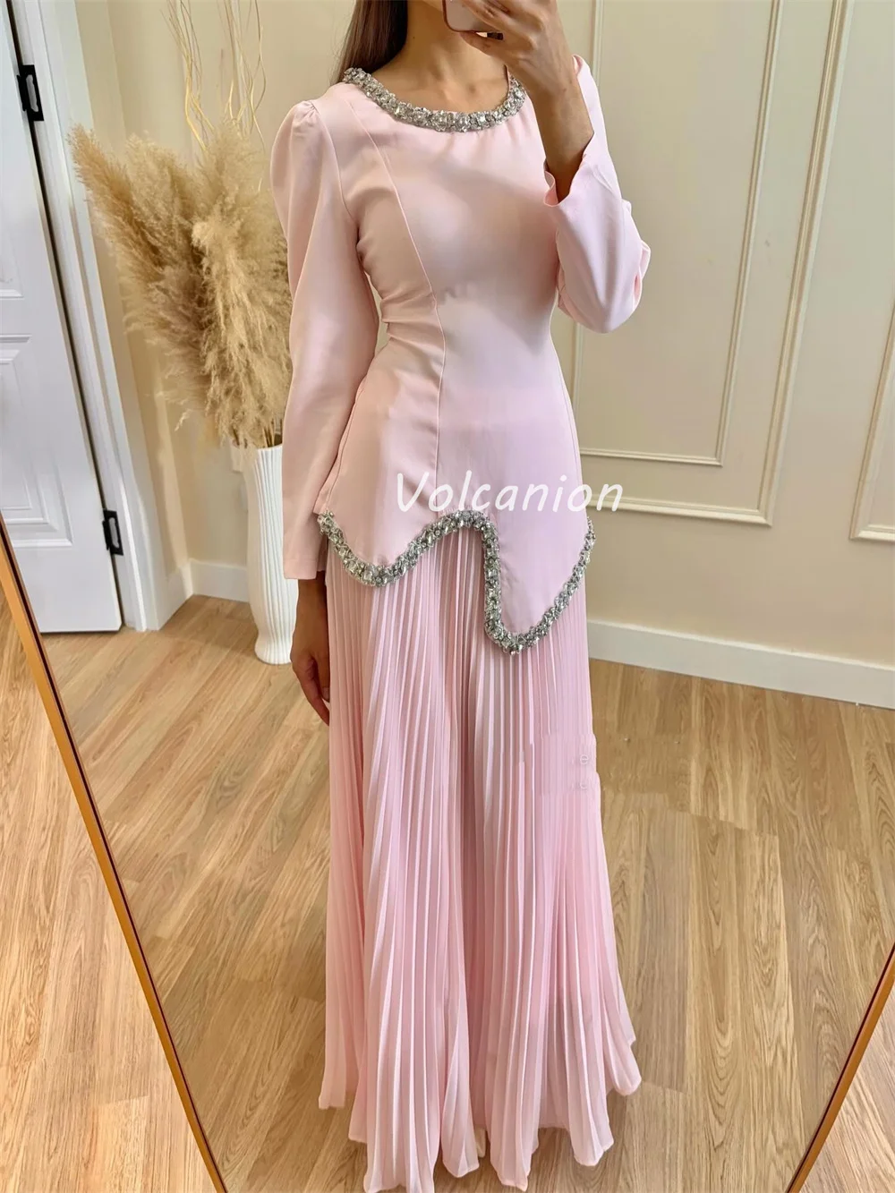 تخصيص الطراز الحديث أنيقة الأورجانزا ثنيات حجر الراين الديكور مطرزة مستقيم س الرقبة فساتين طويلة فساتين المناسبات حسب الطلب #3