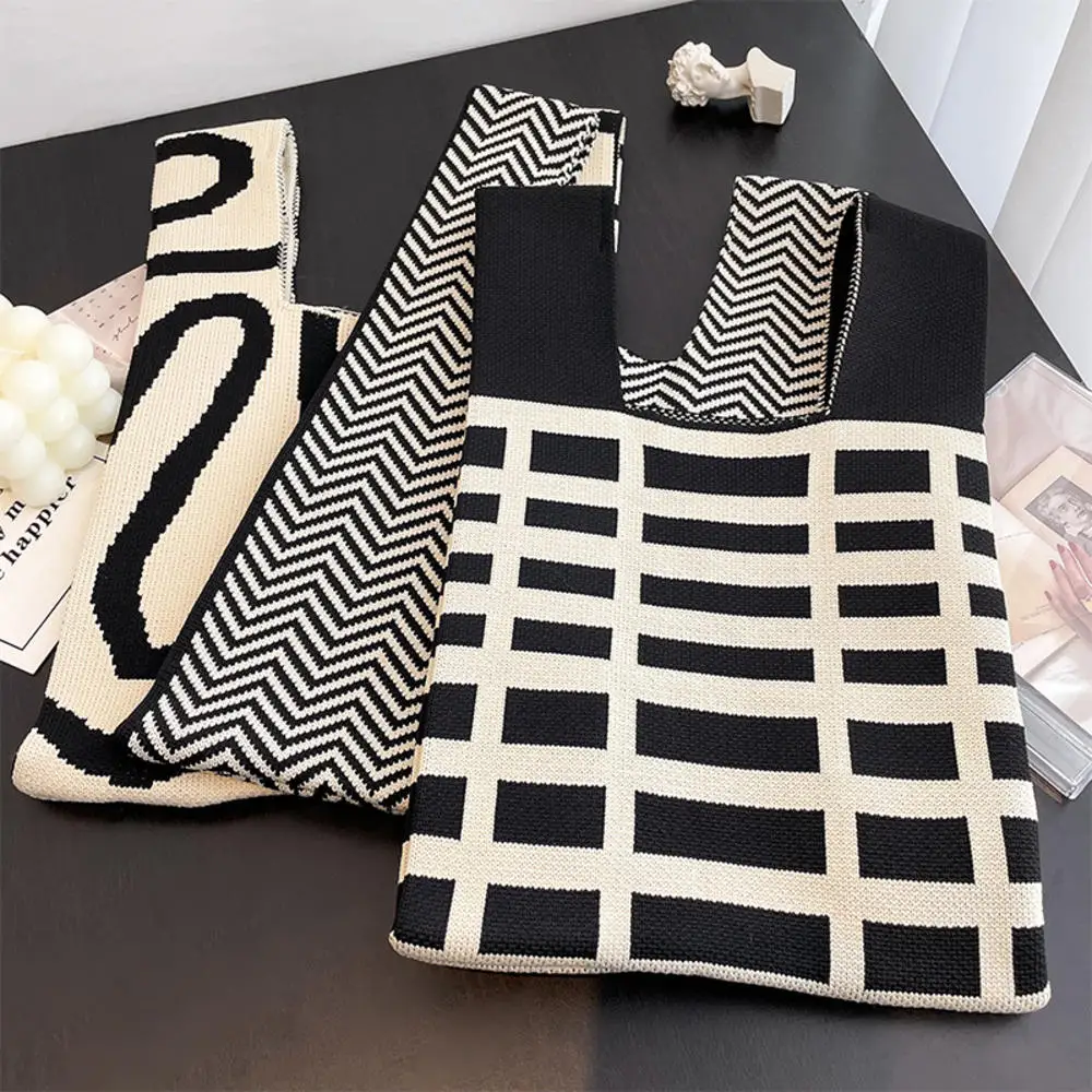 Handmade Knit Handbag Women Mini Knot Wrist Bag Japanese Casual Color Wide Stripe Plaid Tote Bag Student Reusable Shopping Bags