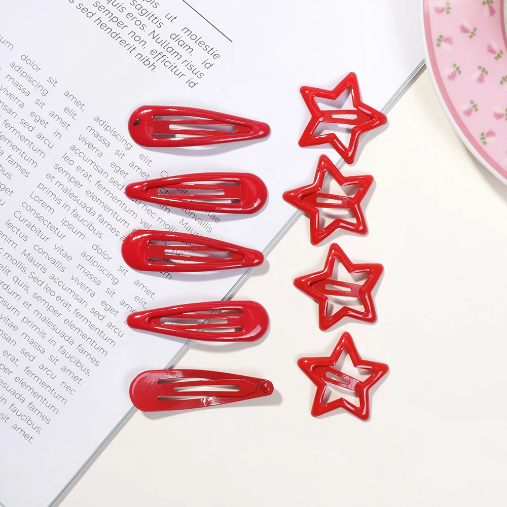 20 Pcs/Lot New Red Star Snap Clip for Girl Waterdrop Barrettes Black Hairpin Women Silver Hair Clip Accessories Kawaii BB Clip