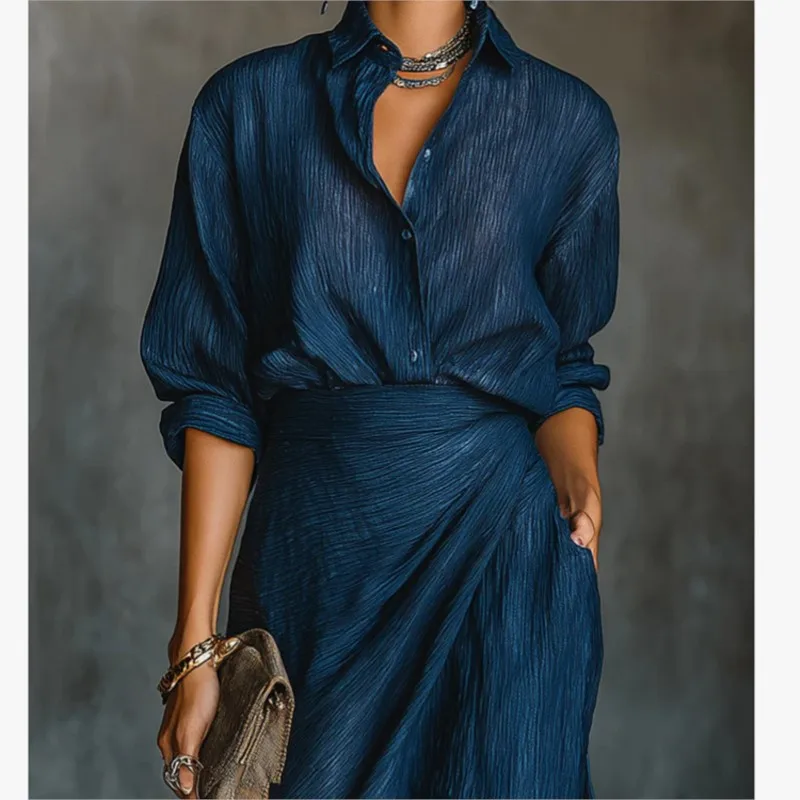 أنيقة مثير بلون واحدة الصدر طويلة الأكمام تي شيرت غير النظامية مطوي تنورة قطعتين مجموعة ربيع الخريف النساء الملابس #2