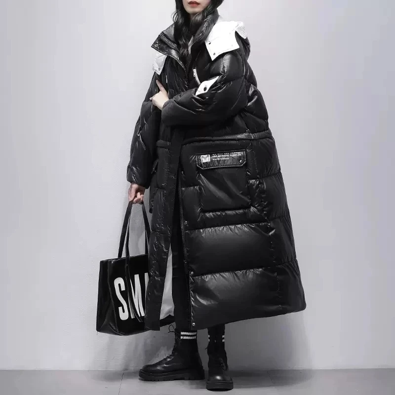 2022 Women's Winter New Black Long Hooded Down Coats Female Glossy 90%White Duck Down Parkas Jackets Ladies Loose Warm Outerwear