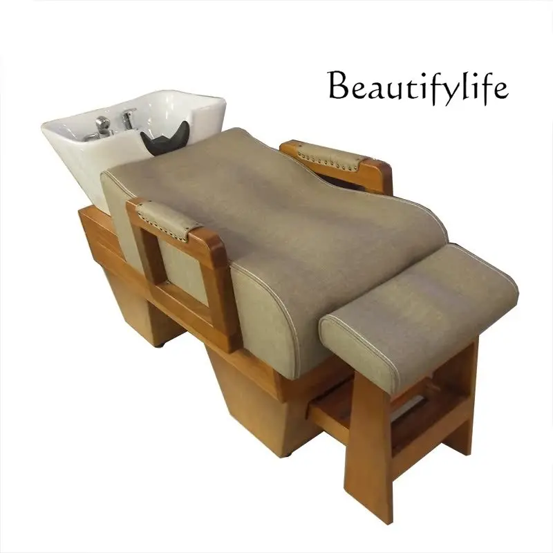 Shampoo bed Ceramic basin flush bed High-end solid wood semi-lying shampoo bed for barber shops