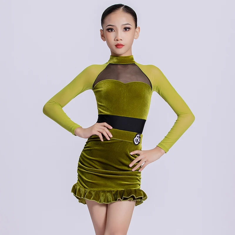 Falda verde de manga larga con cuello alto, vestido de baile latino, trajes de práctica de baile Chacha Rumba, trajes de actuación, ropa DQL11554
