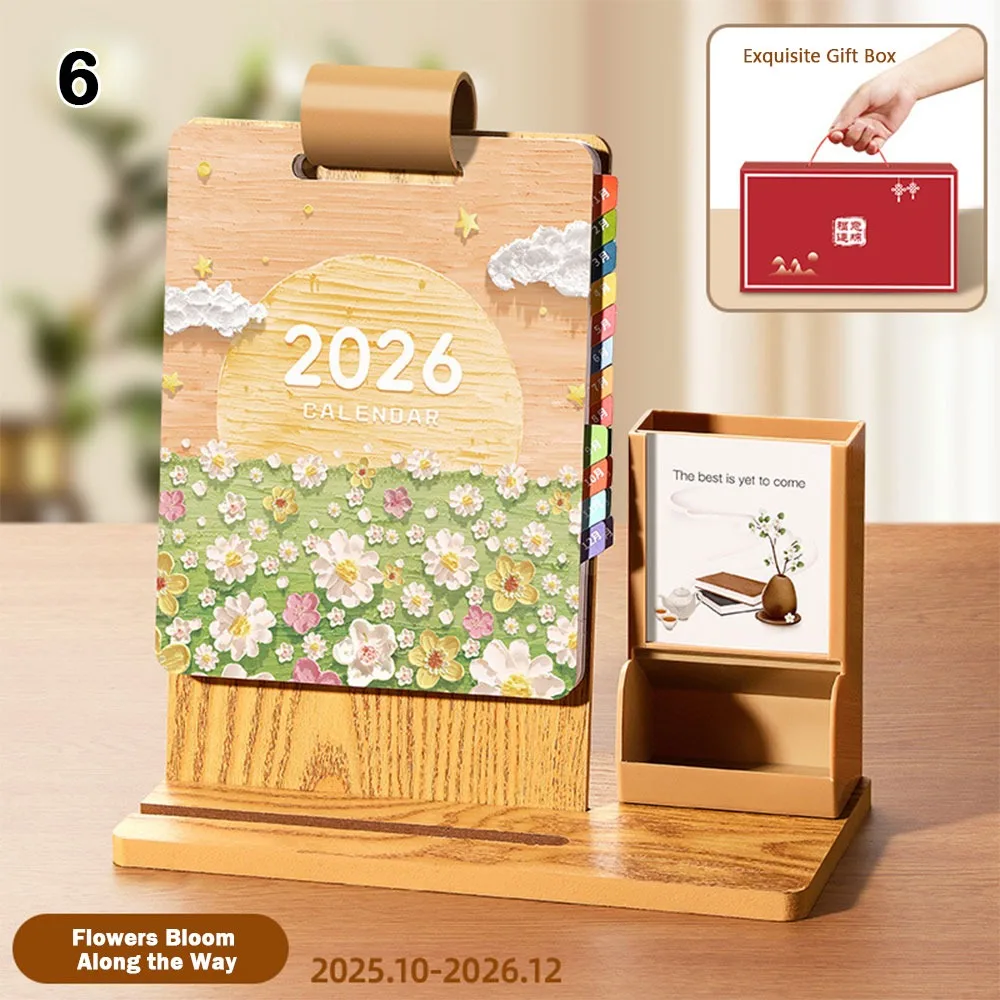 

Year of The Horse 2026 Desk Calendar with Pen Holder Gift Box Flip Calendar Student Stationery Wooden Desktop Ornament