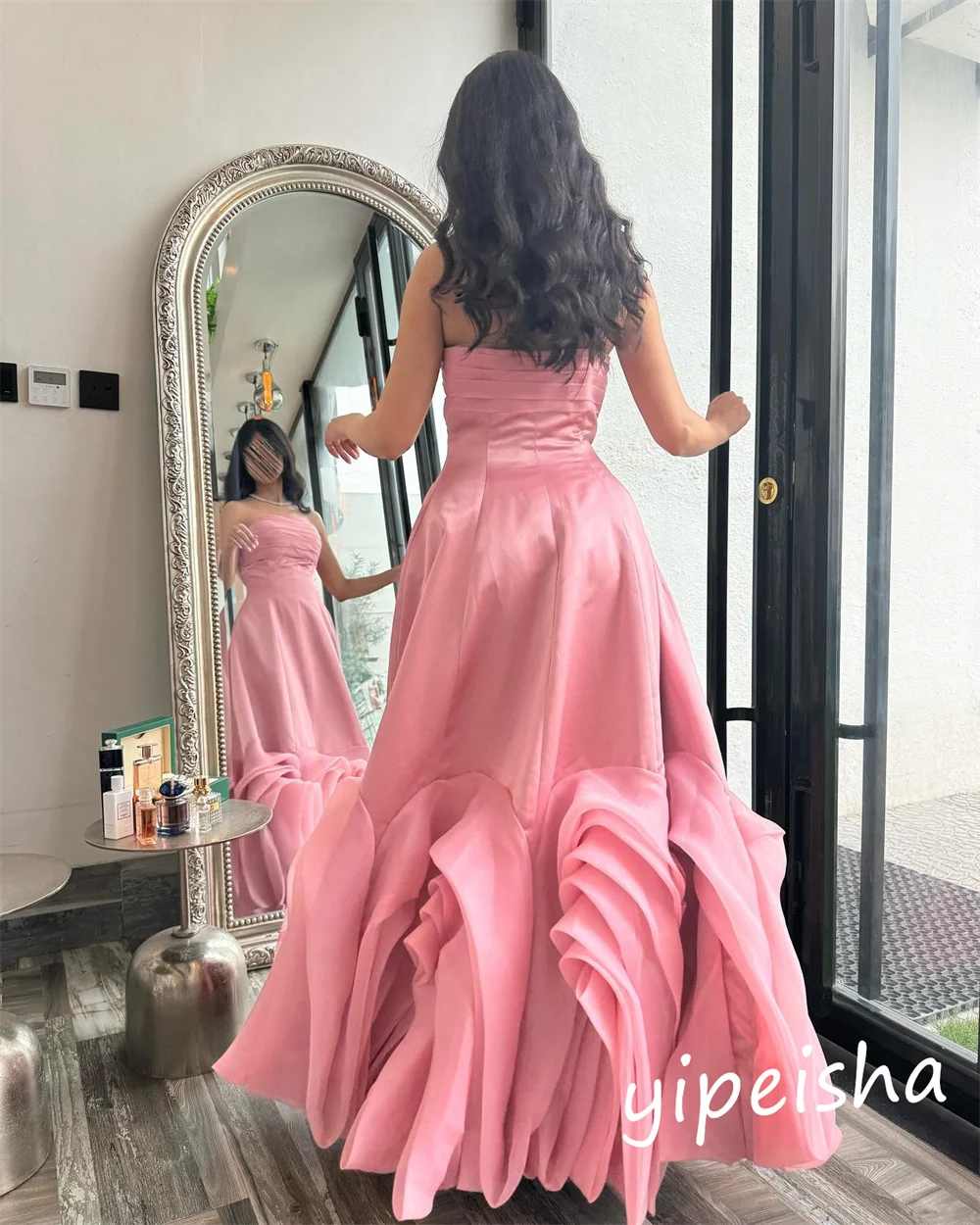 Personalizado jiayigong brilho baile de formatura cetim plissado vestido de festa sem alças sob medida ocasião vestidos longos